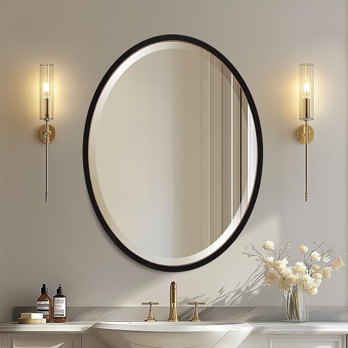 OVALCREST - Oval Wooden Beveled Wall Mirror for Home Decor, Bathroom, Vanity, Bedroom, Living Room, Hallway - London Style (Rubbed Black) 31.1 x 21.1