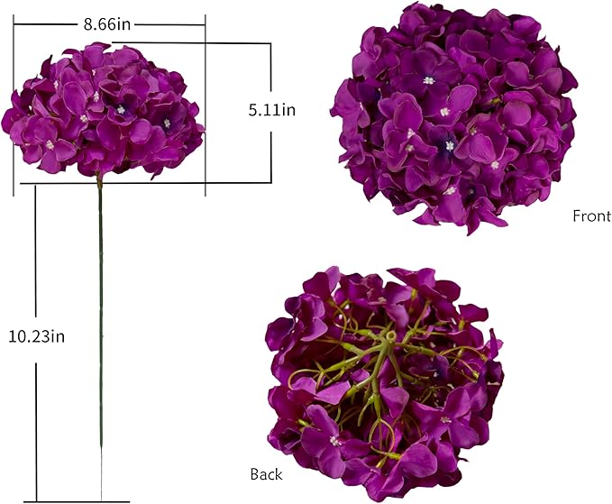 DuHouse Hydrangea Silk Flowers Artificial Flowers with Stem Fake Flower Heads for Wedding Centerpiece Home Decor Pack of 6 (Dark Purple)