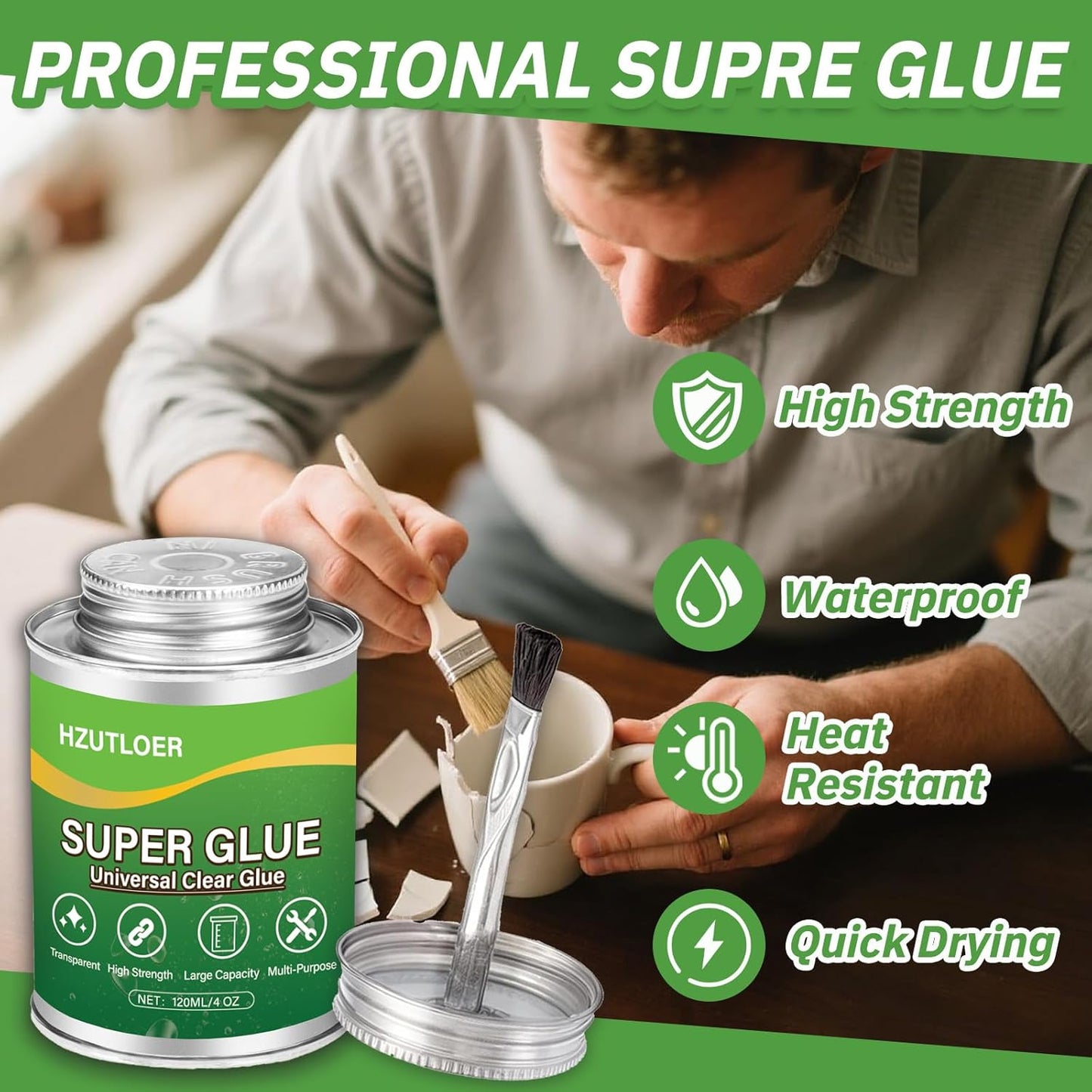 Super Glue | Clear Multi-Purpose Adhesive with Brush - 4 oz Strong Instant Glue for Wood, Ceramic, Leather, Plastic, Glass, Metal, Rubber, DIY Crafts