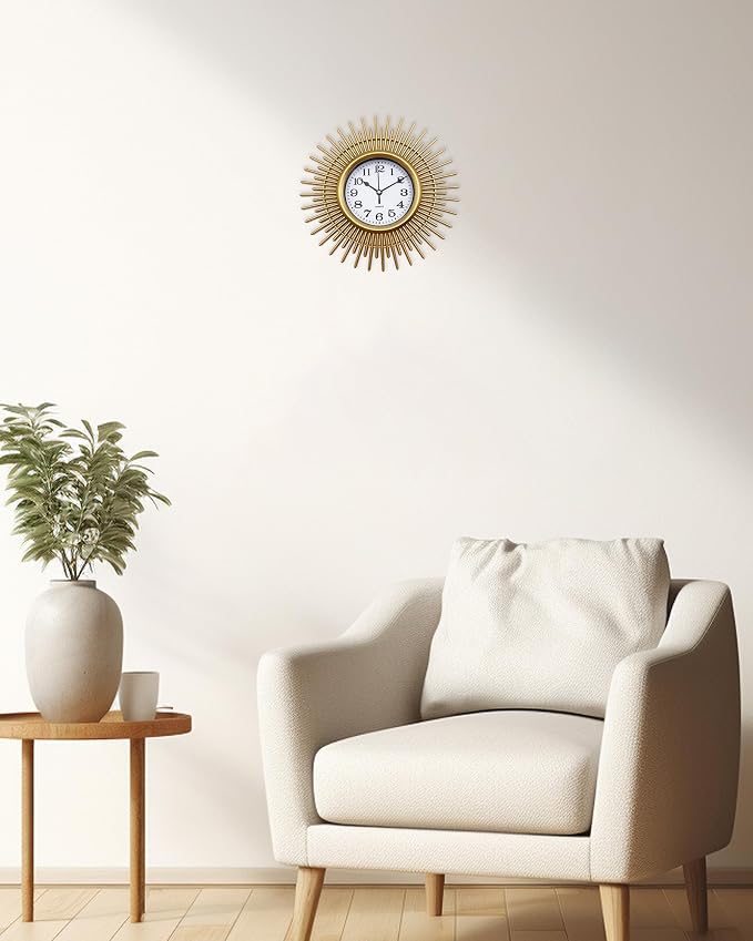Gold Sunburst Wall Clock Battery Operated Aanlog, 10 Inch Modern Boho Decorative Wall Clock for Living Room, Bedroom, Kitchen, Office, Bathroom, Farmhouse