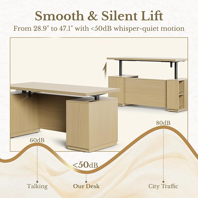70" Standing Desk with Storage, Executive Electric Height Adjustable Stand Up Desk with AC/USB and Privacy Panel, Large One-Piece Destop, Fluted Computer Desk for Home Office, Light Walnut