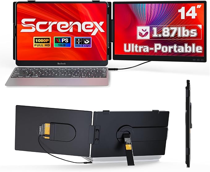 Laptop Screen Extender 0.27" Ultra-Thin, 14" FHD 1080P IPS Lightweight Dual Portable Monitor, USB-C/HDMI Plug & Play for 13-17" Laptops, Travel screen compatible with Windows/Mac/Chrome/Switch/Android