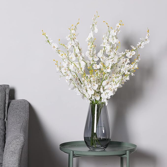 Kisflower 12Pcs White Artificial Orchids Flowers, Fake Dancing Orchids Bouquet Silk White Faux Bouquet for DIY Indoor Outdoor Wedding Party Home Kitchen Office Decoration