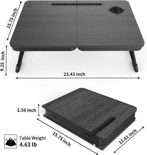 BUYIFY Foldable Laptop Bed Desk - Large Portable Tray Table with Cup Holder & Tablet Slot | Ideal for Eating, Writing, Studying (Black)