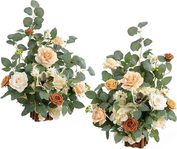 Ling's moment 17.5" Tall Standing Artificial Flowers Arrangements 2 pcs Wedding Aisle Runner Chair Decorations Apricot & Soft Peach Centerpieces for Ceremony Reception Rose Floral Party Outdoor