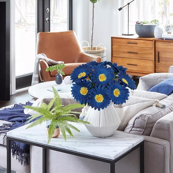 Royal Blue Gerbera Daisy Artificial Flowers 8 Pcs PU Realistic Fake Wildflowers for Vase Home Living Room Bathroom Kitchen Decor