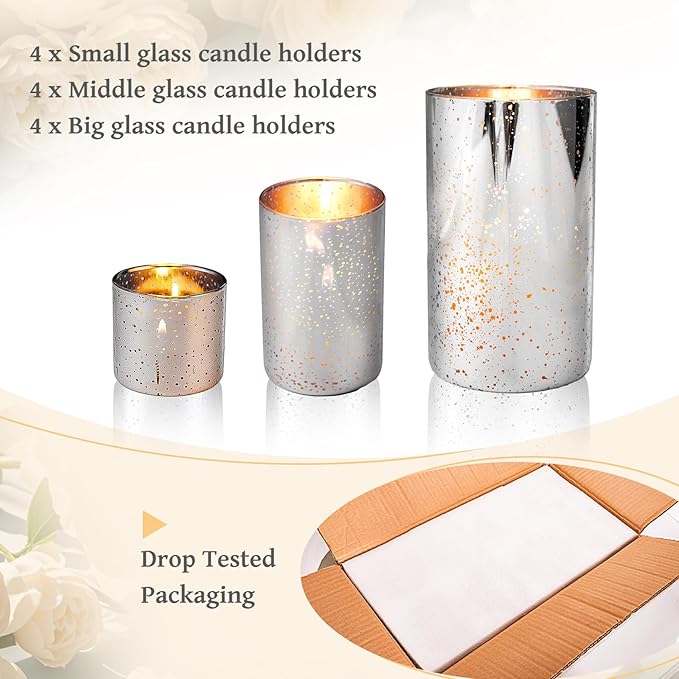 CHILL RECIPE Silver Cylinder Vases Glass Candle Holders Bulk, Mercury Hurricane Candle Holder Small Flower Vases for Centerpieces Tea Light Pillar Votive Candles Wedding Decor Party (4 Set 12Pcs)