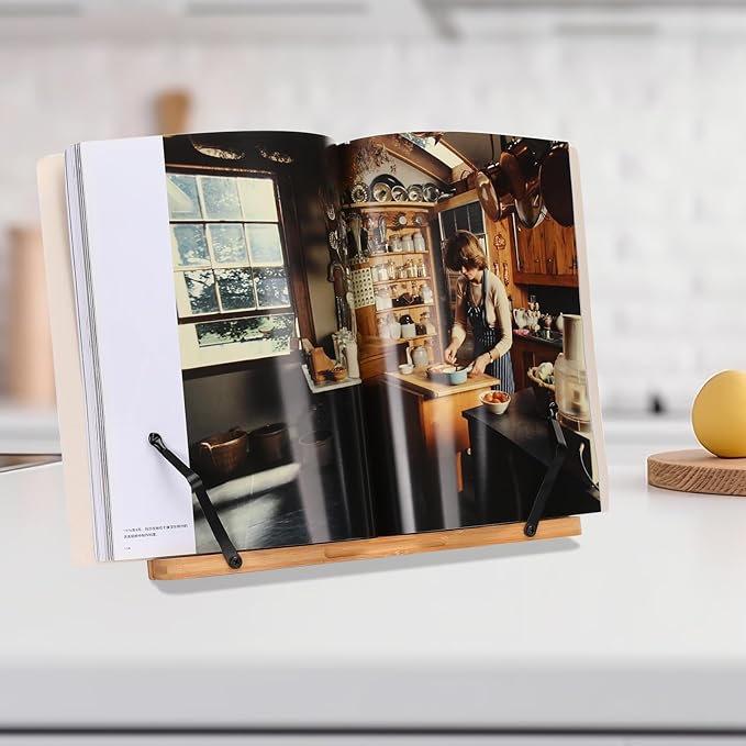 MEGREZ Bamboo Book Stand 11 x 8.0 inch, Foldable Cookbook Holder with 6 Adjustable Height, Reading Book Holder for Recipe, Music Book, Textbook, Tablet Stand, The Language of Lotus