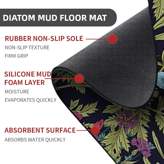 Diatomaceous Earth Bath Mat,Wild Flowers Non-Slip Volume Super Absorbent Fast Drying for Bathroom Kitchen Door mat,Eco-Friendly Easy to Clean 17×27.5Inch (43 * 70cm)