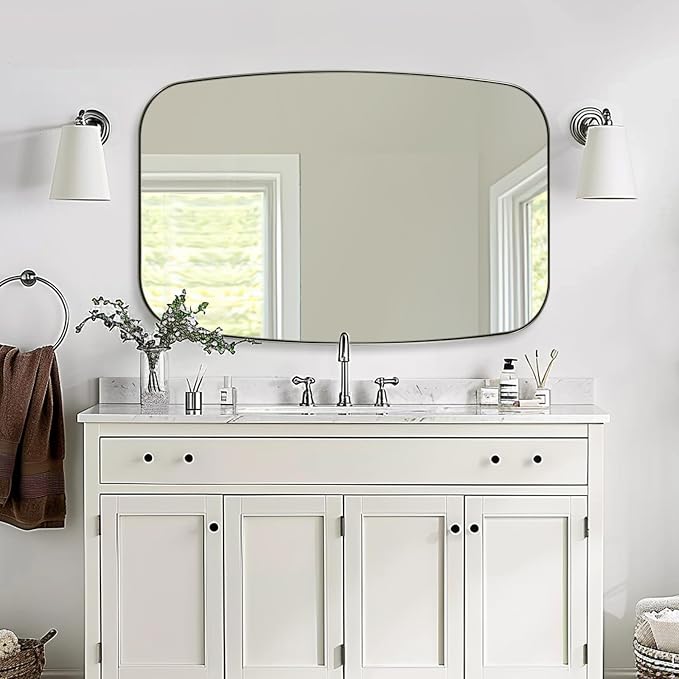 ANDY STAR 32x48 Chrome Bathroom Mirror, Oblong Silver Mirror with Stainless Steel Metal Frame, Oval Vanity Mirror for Over Sink, Modern Anti Rust Wall Mounted