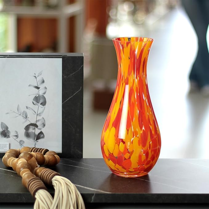 Ca D Oro Glass Vase Orange/Yellow Confetti Effect Hand Blown Murano-Style Art Glass for Flower, Room Decoration and Centerpiece - Model Nº 83