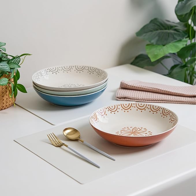 Sango 4-Piece Speckled Stoneware Pasta Bowl Set- Wide Shallow Dinner Bowls with Hand-Painted Rustic Design, Farmhouse Glossy Large Ceramic Bowls for Pasta, Salad & Everyday Meal, Siterra Glazed Garden