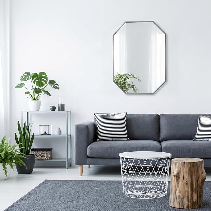 20"x28" Octagon Metal Mirror, Farmhouse Silver Bathroom Mirror, Rectangle Wall Mounted Vanity Mirror Hanging for Bedroom Entryway Living Room Farmhouse Horizontal/Vertical