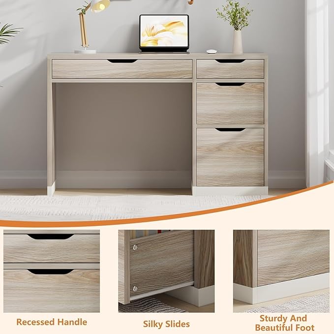 48 Inch Small Desk with Drawers, Walnut Desk with Storage, Study Desk with Filing Cabinet for Bedroom
