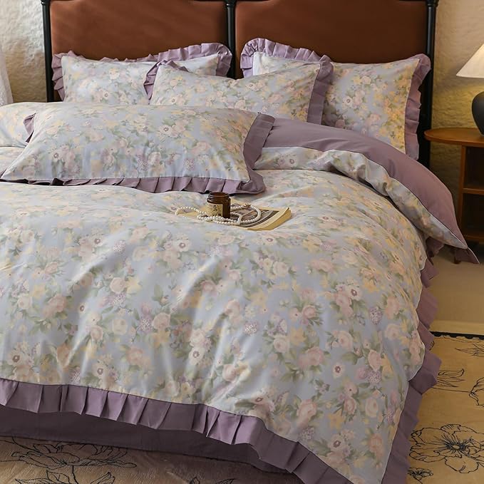 Purple Ruffle Duvet Covet Set Queen Cute Flower Comforter Cover Princess Style Lace Bedding Set Vintage Floral Duvet Cover for Teen Girls Romantic Ruffle Comforter Cover Floral Aesthetic Bedding Set