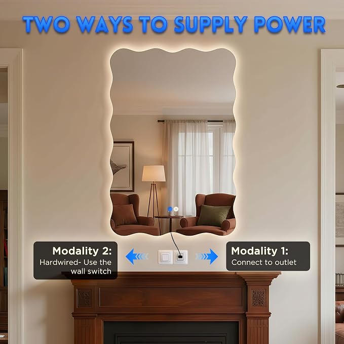 Wavy Led Bathroom Mirror- Vanity Mirror with Lights IP54 Enhanced Anti-Fog, 24"x36" Single Piece 3 Colors Dimmable, Memory,Tempered Glass,UL Listed