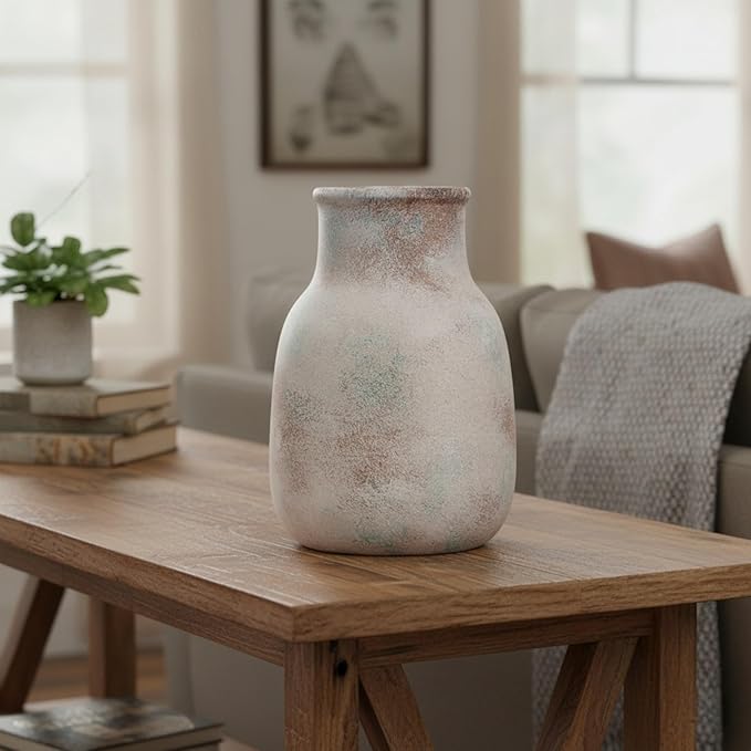 Ceramic Rustic Farmhouse Vase,8.5 Inch Flower Vase Home Decor Vintage Pottery Decorative Vases for House,Living Room Handmade Terracotta Vases Decor for Kitchen,Bedroom,Mantel,Book Shelf,Office,Coffee