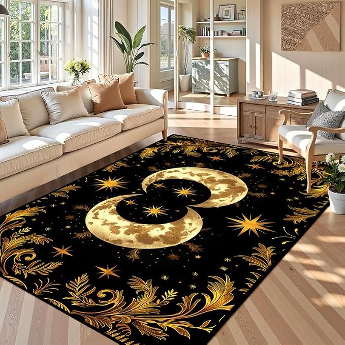 Sun Moon Star Area Rug 6'x9' Golden Boho Carpet Non-Slip Washable Low Pile Floor Mat for Bedroom Living Room Nursery Playroom Classroom Home Decor
