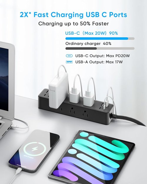 **Skiennix Flat Plug Desk Clamp Power Strip - 15FT Fast Charging Station with 9 AC Outlets & 8 USB Ports**