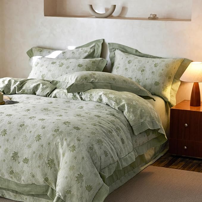 mixinni Yarn-Dyed Jacquard Duvet Cover King, Green Botanical Leaf Print 3-Piece Bedding Set with Wide Edge Piping, Soft Breathable Double Layer Gauze for All Seasons (1 Duvet Cover + 2 Pillowcases)