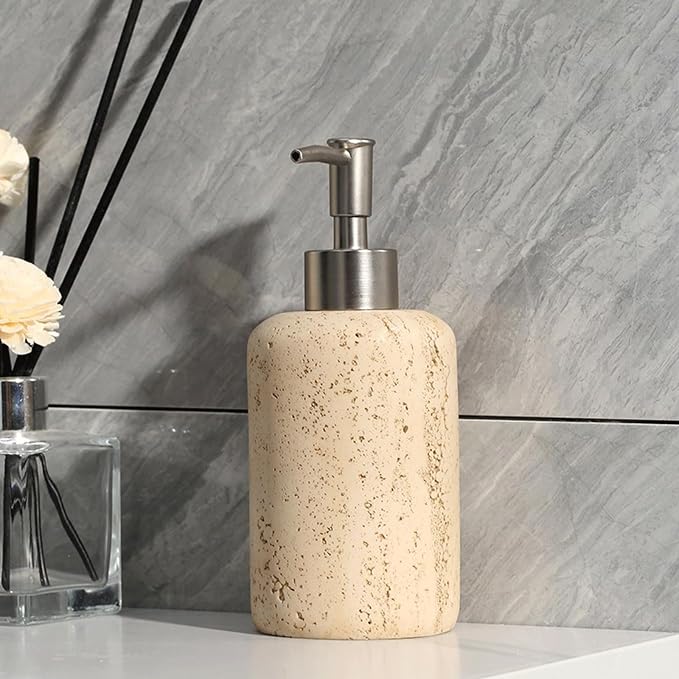 Hand Soap Dispenser Refillable Stone Soap Dispenser Beige Travertine Liquid Shampoo Bottles Marble Hand Soap Dispenser for Bathroom Kitchen Spring Decor