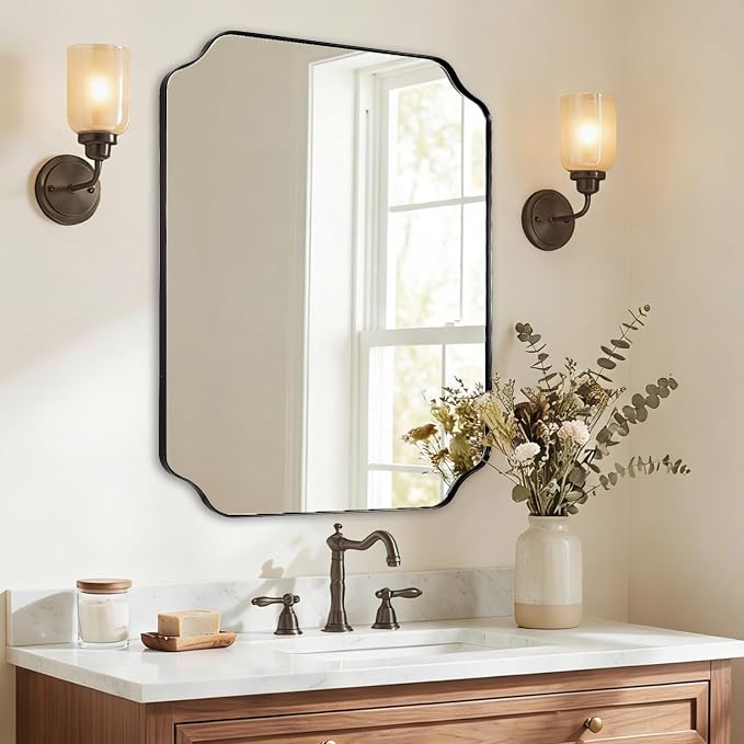 ANDY STAR 24"x30" Bathroom Mirror, Matte Black Framed Wall Mirror, Modern Scalloped Rectangle Mirror in Premium Stainless Steel Thin Frame, Rounded Notched Corners Design, Ideal for Home Remodel