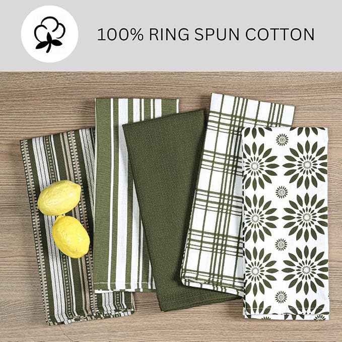 Assorted Kitchen Towels 16x26 Inch 100% Cotton Set of 5 - Dish Cloths Towels with Hanging Loop - Soft Absorbent Washable Tea Towel for Kitchen - Quick Drying Dish Towel Green