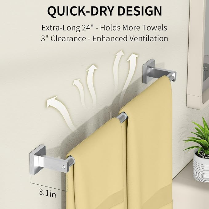 MKO Towel Bar for Bathroom, 24" Hand Towel Holder Rod with Metal, Towel Racks for Bathroom Hanger Wall Mounted for Kitchen, Brushed Nickel 2 Pack