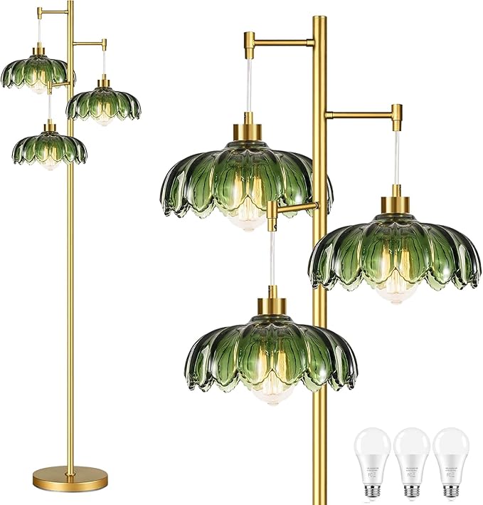 ILLMTW Glass Gold Floor Lamp for Living Room,Bedroom,Mid Century Modern Standing Lamp Brass Tree 3 Light Tall Floor Lamps Vintage Retro Floor Lights Green Flower Lamp Shade Farmhouse Boho Bohemian