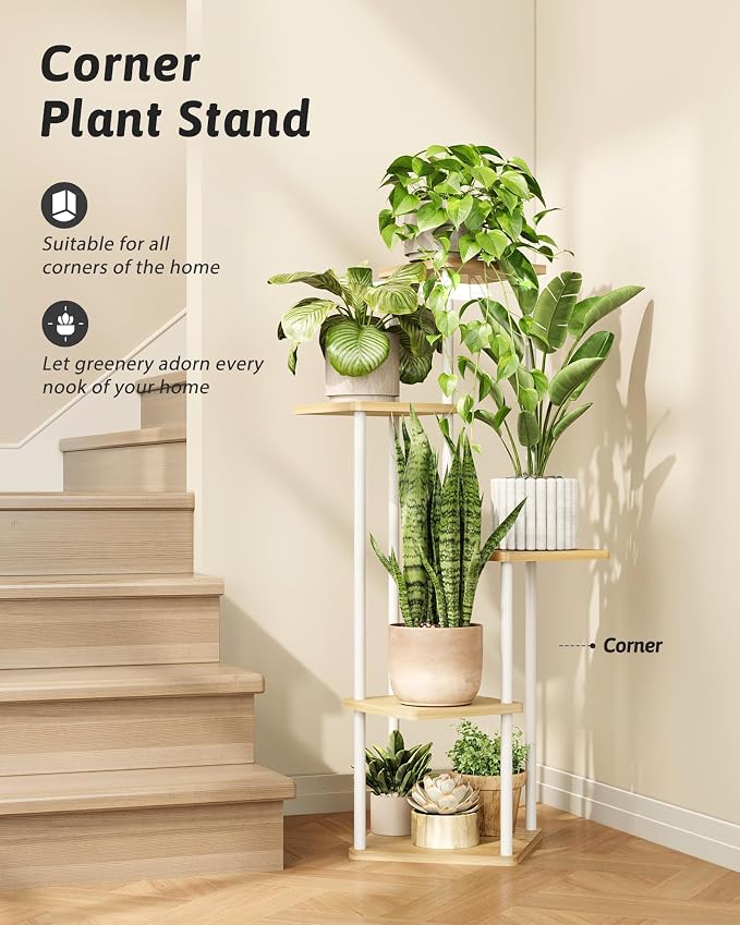 GENTINGBRO Tall Plant Stand Indoor 5 Tiered Plant Shelf for Multiple Plants Coner Shelf Stand Wood Plant Stand Metal Shelving for Living Room Bedroom Balcony Patio White