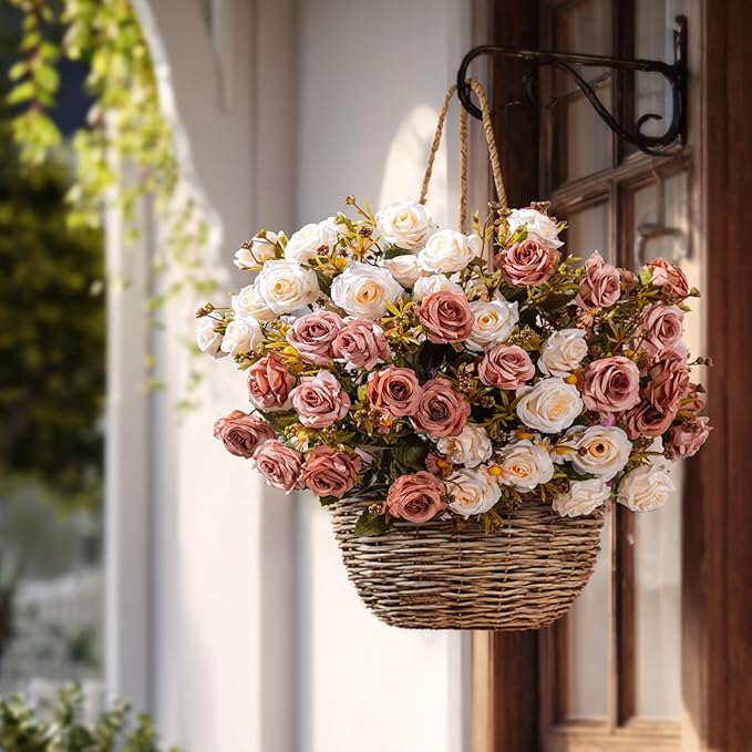 Artificial Rose Flowers for Outdoor 4 Bundles Rose Bouquet with Daisy Faux Flowers UV Resistant for Home Indoor Outside Garden Porch Window Box Balcony Yard Porch Fall Decor (White+Brown)