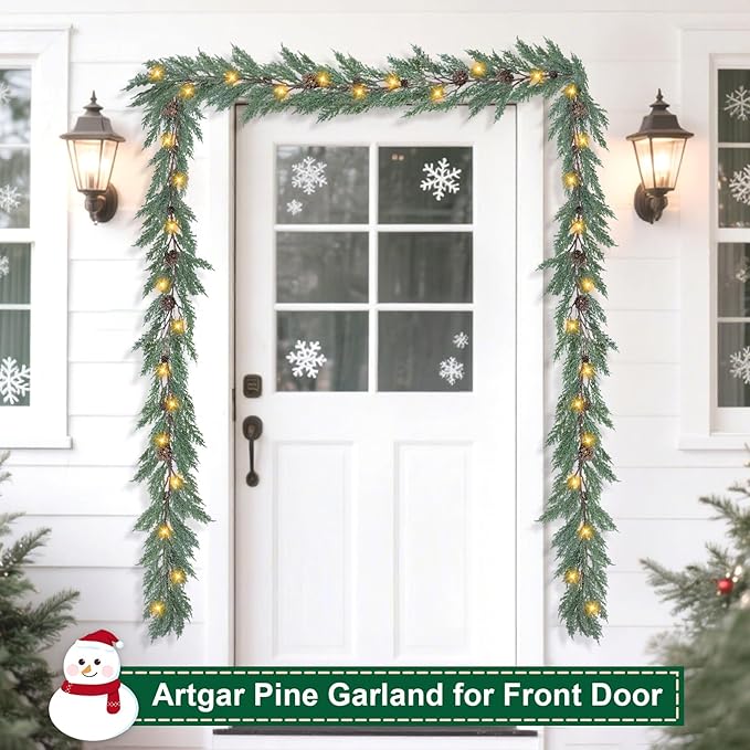 Artgar Christmas Cedar Garland, 6 Ft Realistic Pine Garland, Prelit Christmas Garland with 30 Warm Lights with 8 Light Modes for Mantels Stair Table Indoor Outdoor Winter Xmas Decor (White-Green)