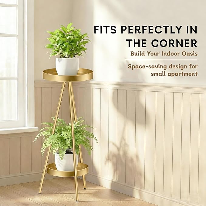 2 Tier Tall Plant Stand Indoor, 31.5" Gold Metal Modern Corner Flower Holder with Round Trays,Heavy Duty for Small Space, Bedroom & Balcony