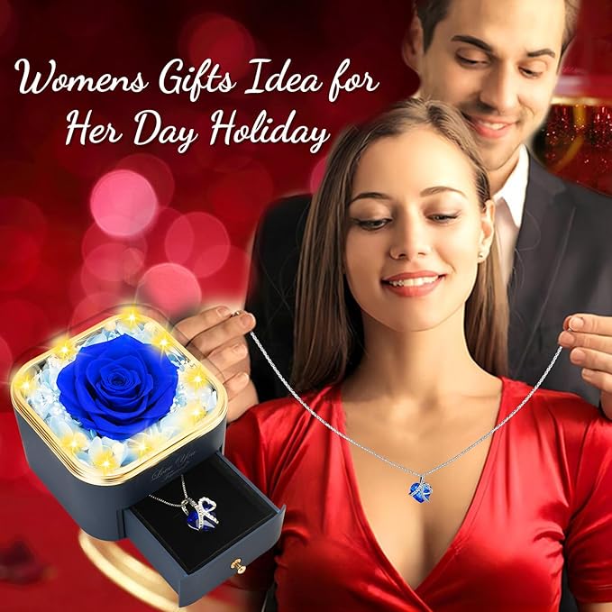 Preserved Blue Real Rose with Heart Necklace -Eternal Flowers Rose Birthday Gifts for Women Wife Mom Girlfriend Grandma Gifts Idea on Christmas Valentines Mothers Day for Her-Blue