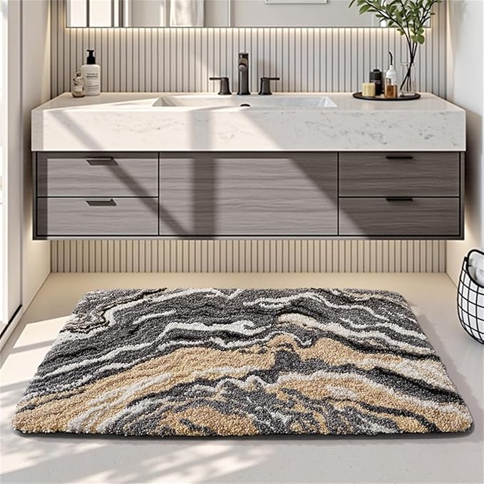 Ankah Luxurious Nordic Bathroom Rug, Extra Soft Fluffy Bath Mat, Absorbent, Non-Slip, Easy to Care and Fast Drying, Modern Style Marble Pattern Shower Rug, Home Decor Accessories, 17.3"x29.9", Brown
