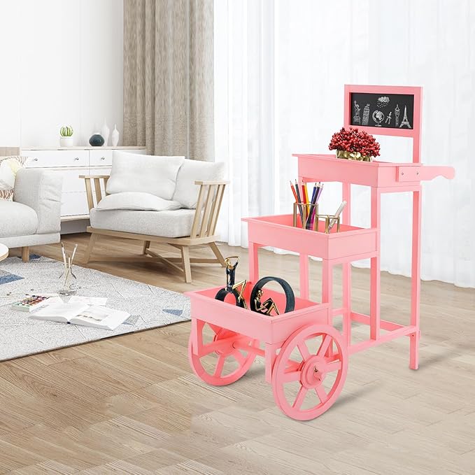Flower Display Stand | 3-Tier Wood Flower Cart | Flower Cart Display Stand with Wheels | Ladder Shaped Plant stand | Market flower display Stand | Handle & Blackboard (Pink)