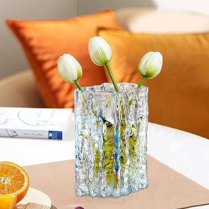 Aoderun Glass Vase Crystal Vase Heavy Duty Large Flower Vase for Dining Table Kitchen Office Home Shelf Wedding Living Room Centerpieces(Iridescent Clear)