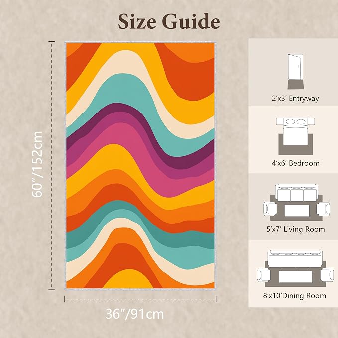 Retro 70s Area Rug 3x5, Mid Century Modern Abstract Wavy Carpet, Colorful Rainbow Swirl Rug for Living Room Bedroom Office, Non-Slip Washable Indoor Floor Mat