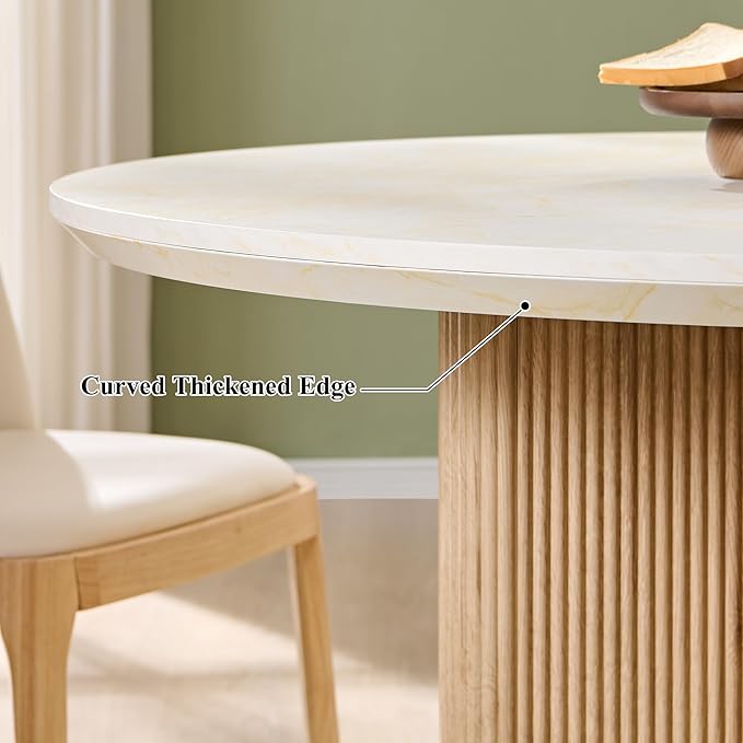 T4TREAM 47" Fluted Round Dining Table for 4-6, Mid-Century Modern Kitchen Table with Thickened Edge & Sturdy Pedestal Base for Kitchen Living Room,Marble & Natural Oak