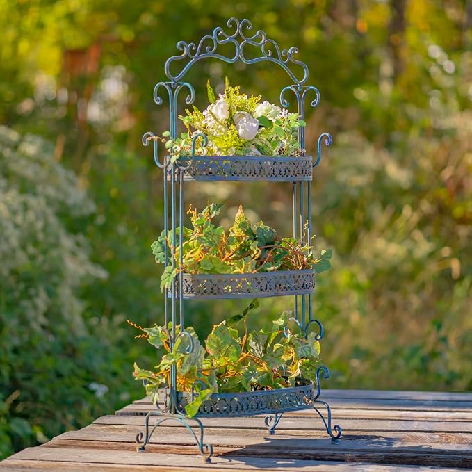 3 Tier Ornate Metal Plant Stand (Cobalt Blue)