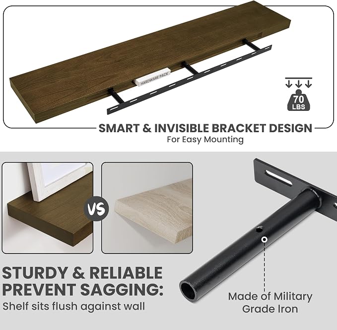 Solid Wood Floating Shelves For Wall, 48”W x 9”D x 1.56”H Large Wall Shelves for Living Room Bedroom Bathroom Kitchen Drcor Storage with Invisible Heavy-Duty Metal Bracket, Light Brown, Set of 1