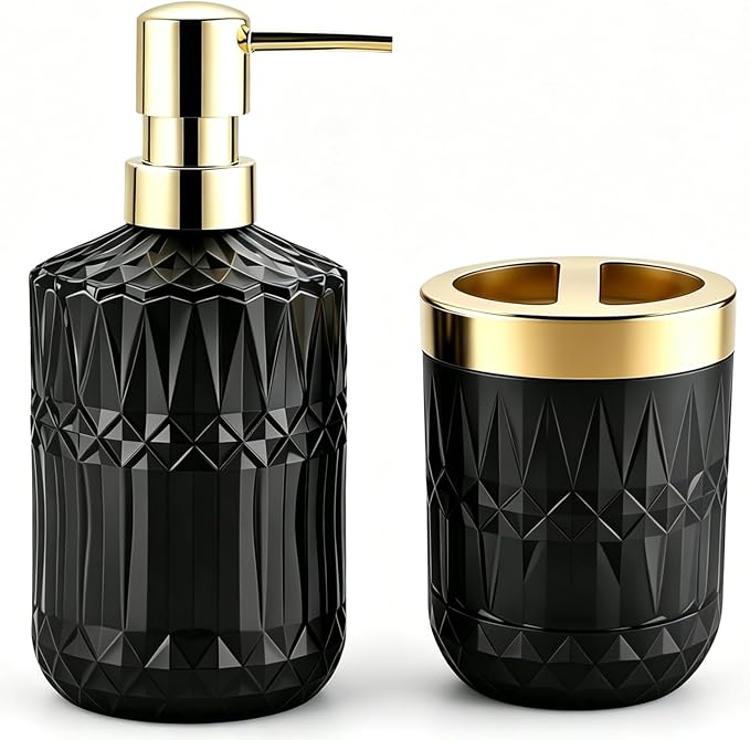 2Pcs Black Bathroom Accessories Set, Glass Bathroom Accessories, Vintage Bathroom Countertop Decoration Includes Soap Dispenser, Toothbrush Holder