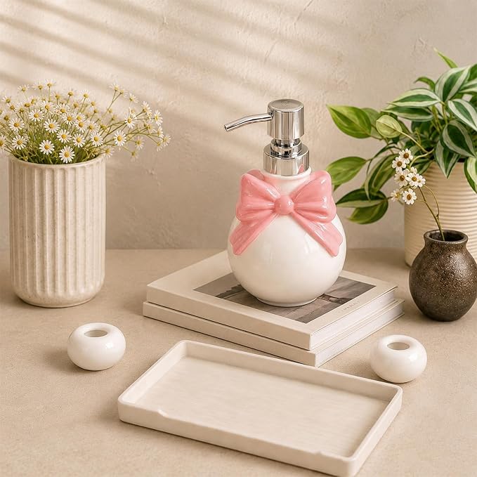 Pink Bathroom Accessories Ceramic Pink Bow Bathroom Set for Bathroom Vanity - Includes Tray, Soap Pump, Toothbrush Holder
