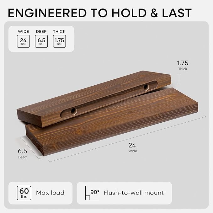 Homeforia Classic Walnut 24 inch Floating Shelf, High End Solid Real Wood Small 24inch Floating Shelves for Wall Mounted, 24in Floating Shelves, Heavy Duty Bracket, 24 X 6.5 X 1.75 inches, Set of 4