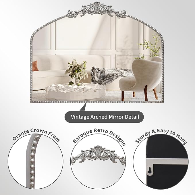 Antique Silver Arch Wall Mirror, 40"x30" Vintage Mantel Mirror with Ornate Metal Frame, Baroque Home Decor for Fireplace/Entryway/Bathroom/Living Room/Hallway