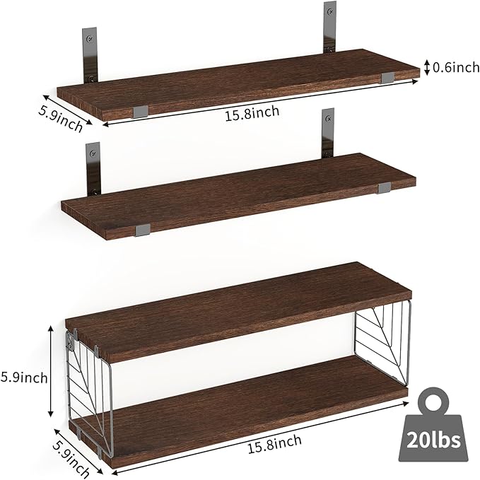 Fixwal Bathroom Floating Shelves Over Toilet, 15.8in Farmhouse Rustic Wood Shelves, Wall Decor for Bathroom, Living Room, Bedroom and Kitchen (3 Plus 1 Tier Dark Brown)