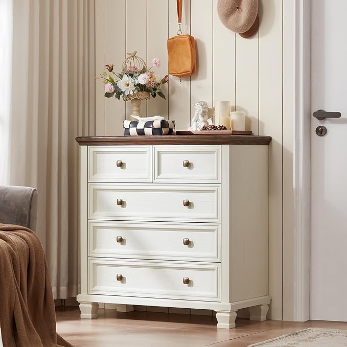 Farmhouse 5 Drawer Dresser for Bedroom, 32.6 Inch Tall Vintage Chest of Drawers, Rustic Small Dressers w/Square Solid Wood Legs, Mid-Century Storage Organizer for Living Room, White