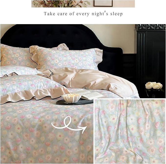 HighBuy Brushed Cotton Floral Ruffle Duvet Cover Full Size,Boho Chic Floral Bedding with Beige Edge,Breathable & Durable Bedding,Farmhouse Comforter Cover Sets 1 Duvet Cover and 2 Pillowcases
