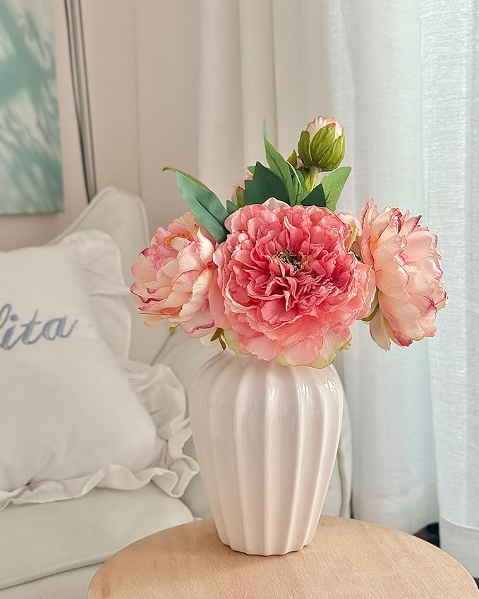 White Ceramic Vase, 7.87 Inch Flower Vase for Bouquet, Minimalist Modern Home Decor for Centerpieces, Cabinet, Living Room, Table, Bathroom