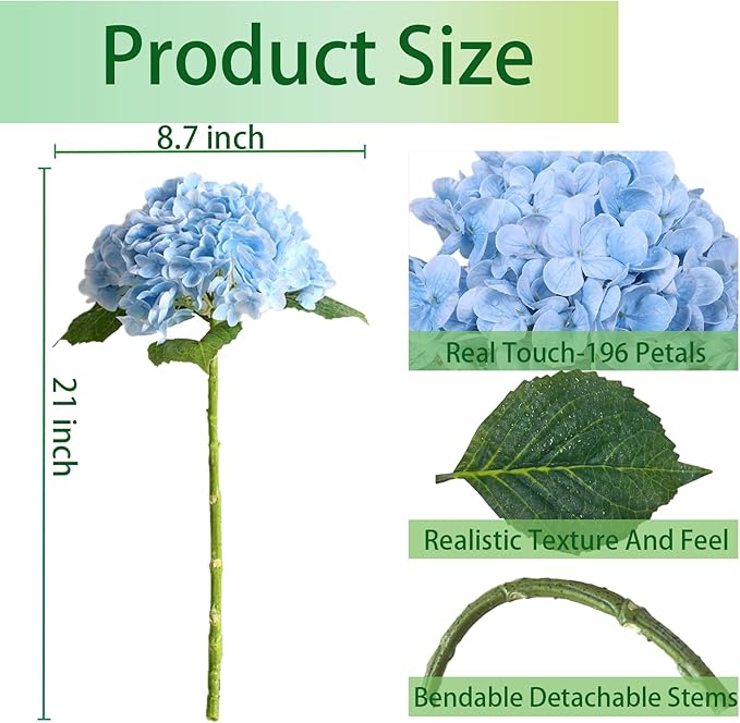 3pcs Hydrangea Artificial Flowers, 21" Real Touch Silk Faux Hydrangeas Flowers Lifelike Fake Hydrangea for Wedding Bouquets,Home Decor&Party Centerpieces (Blue)